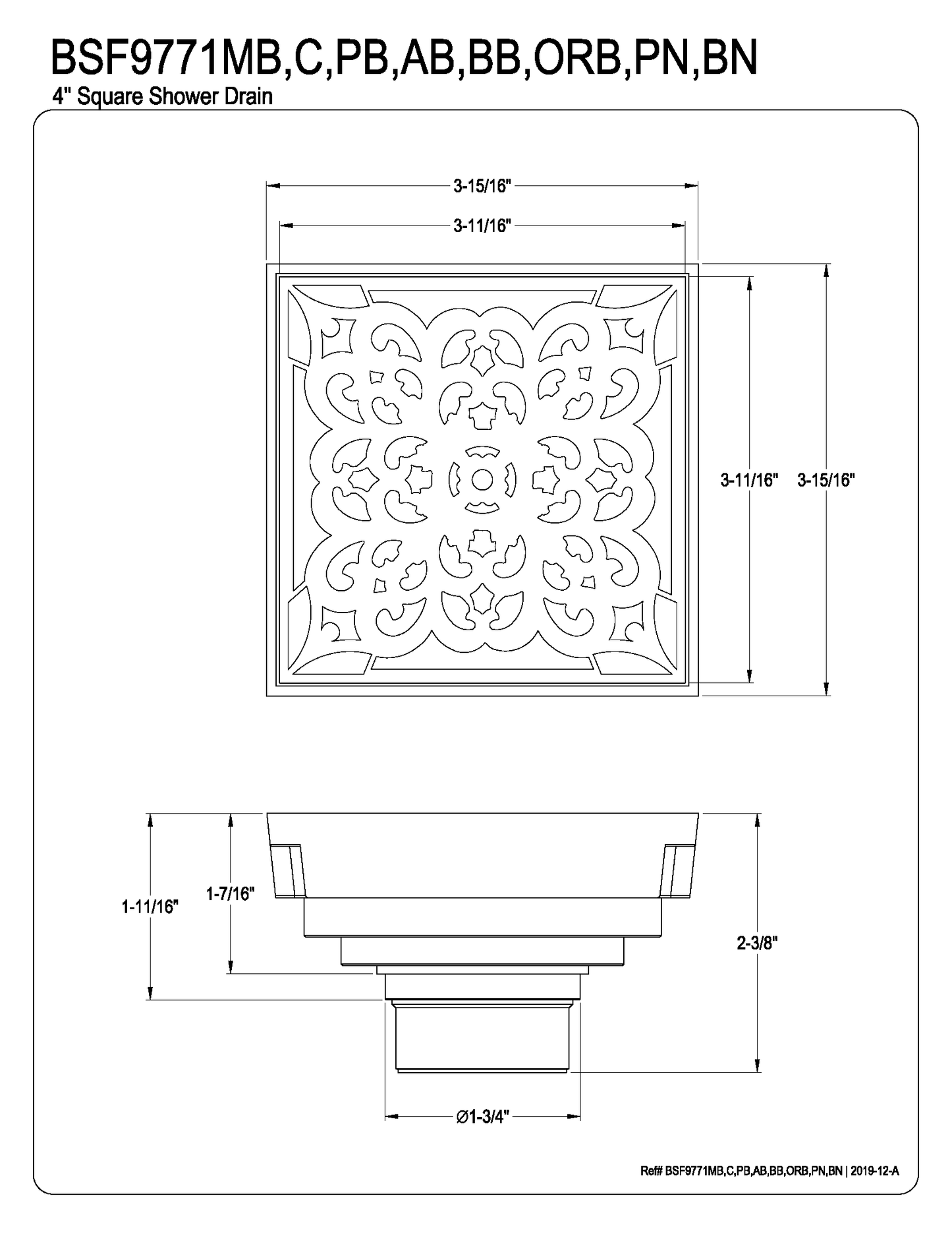 4-Inch Square Grid Shower Drain with Hair Catcher