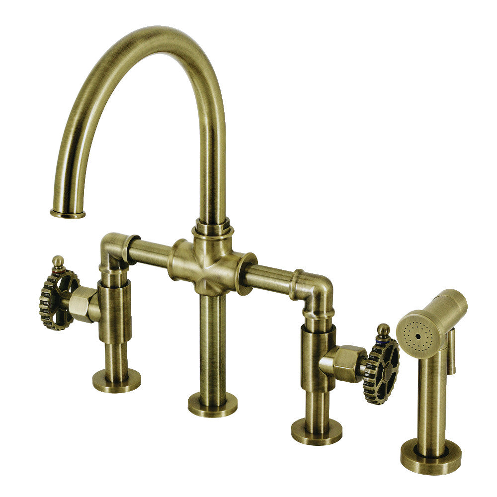 Fuller Industrial Style Bridge Kitchen Faucet with Brass Sprayer