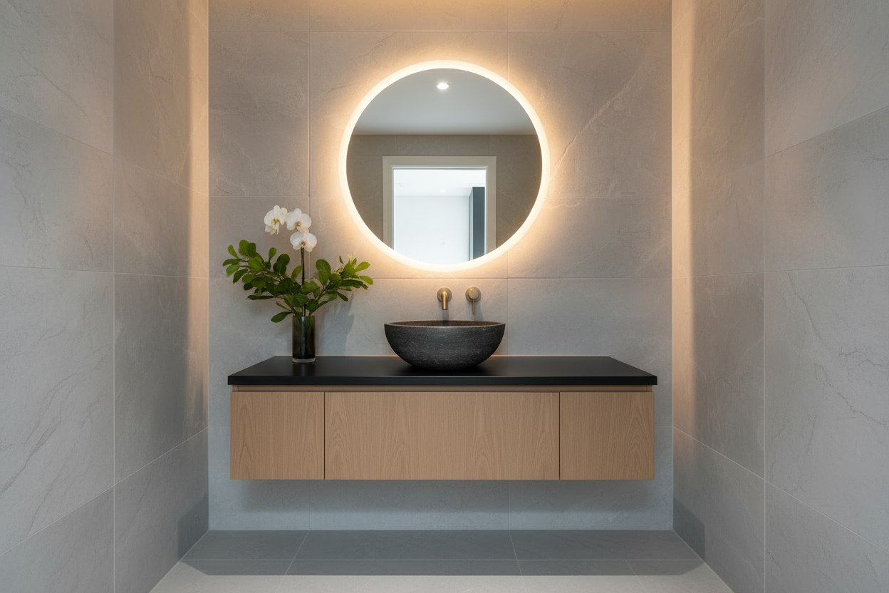 14" Black Limestone Vessel Sink — Bright Powder Room