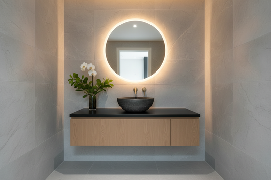 14" Black Limestone Vessel Sink — Bright Powder Room