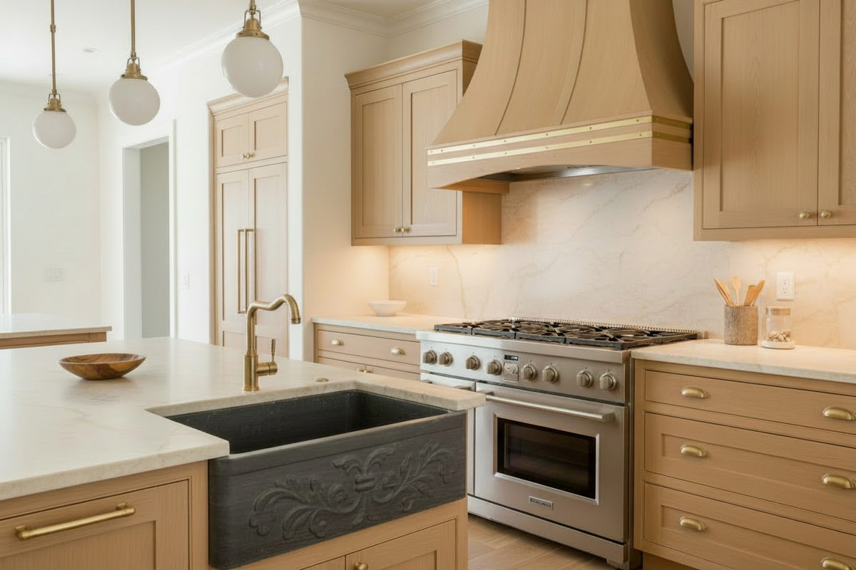 36" Charcoal Soapstone Farmhouse Sink — Centered on Island