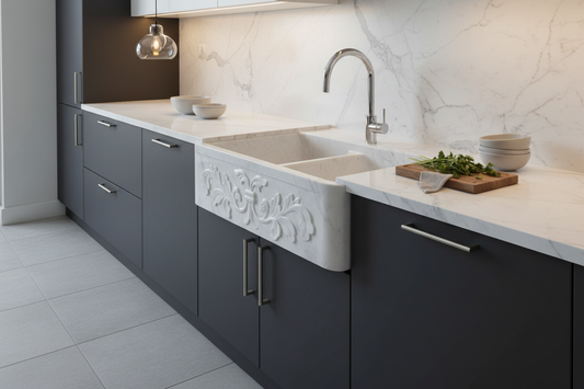 36" White Carrara Marble Farmhouse Sink — Modern Dark Kitchen