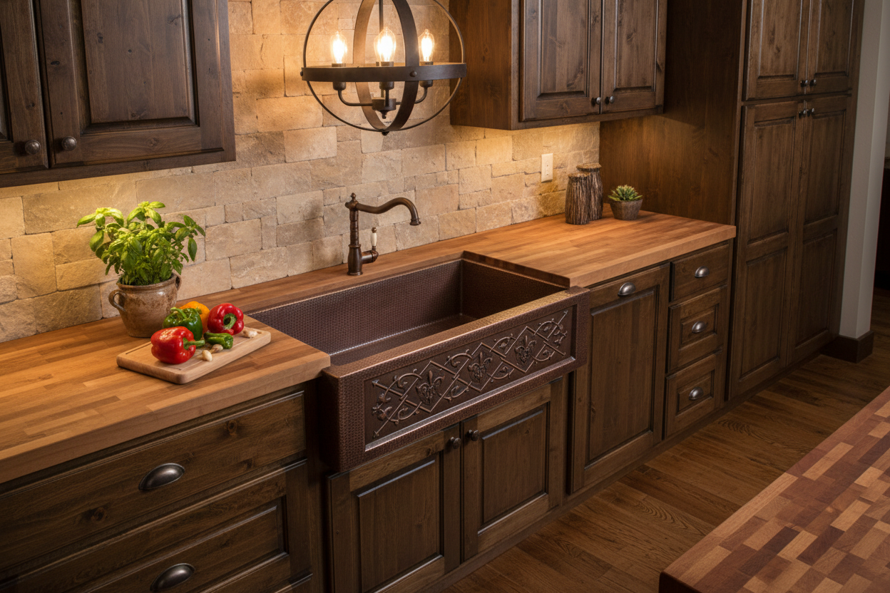 Fleur de Lis & Diamond Design Copper Farmhouse Sink