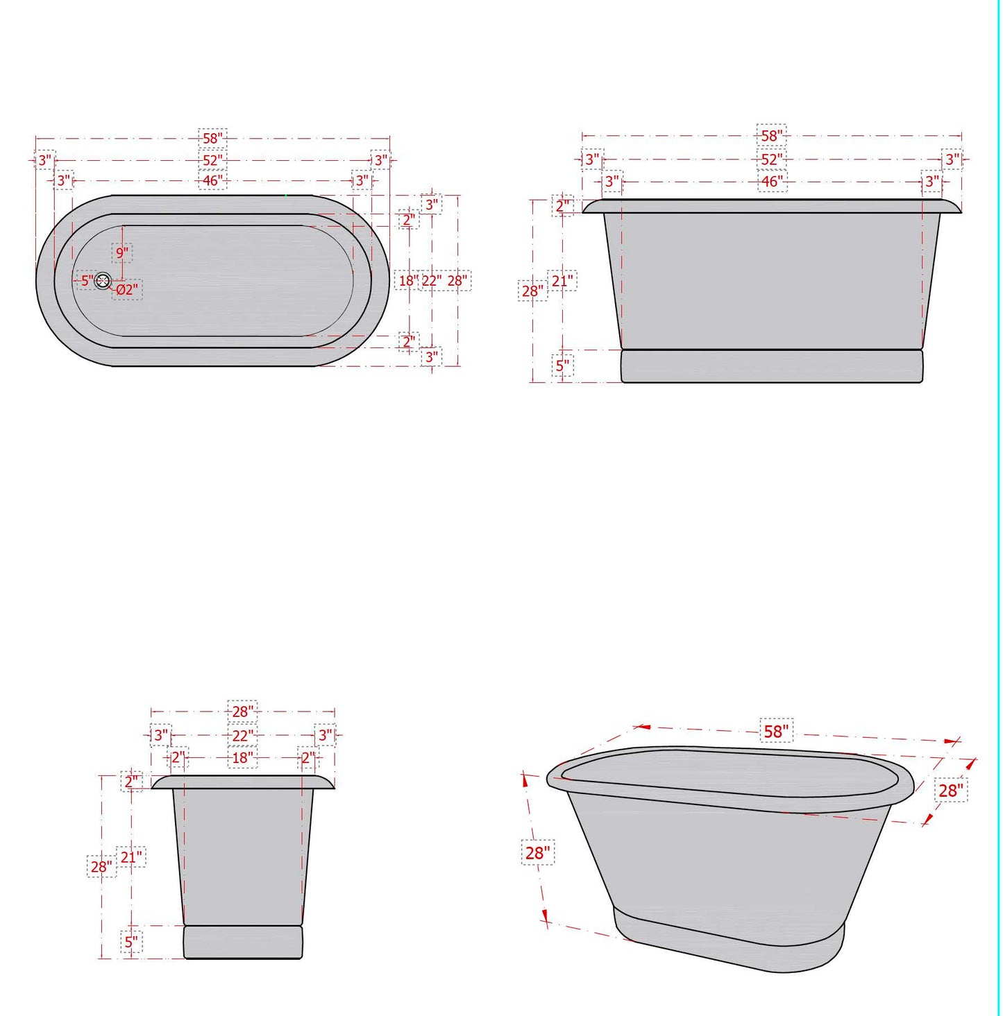 58" Bathtub Spec Sheet