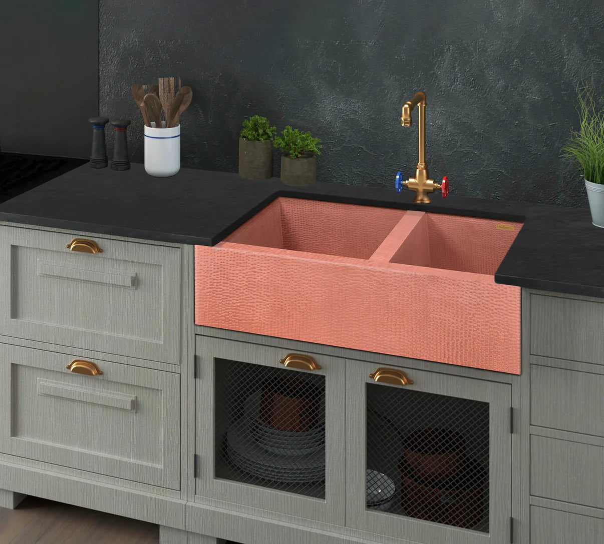 Classic Copper Farmhouse Sink 60/40 Split