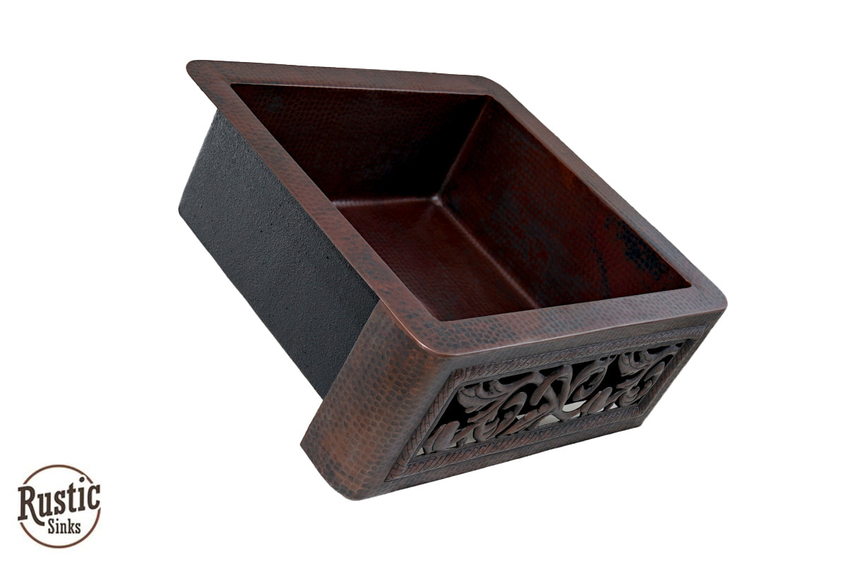 Copper Farmhouse Sink with Cutout Scroll Design