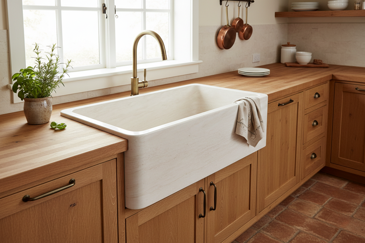 30" Crema Lyon Limestone Smooth Farmhouse Sink