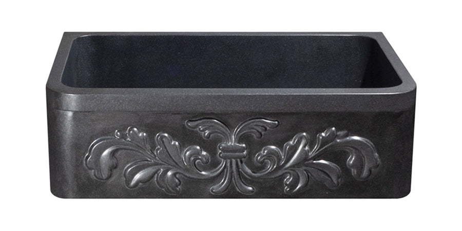 33" Black Granite Stone Farmhouse Sink with Floral Carved Front