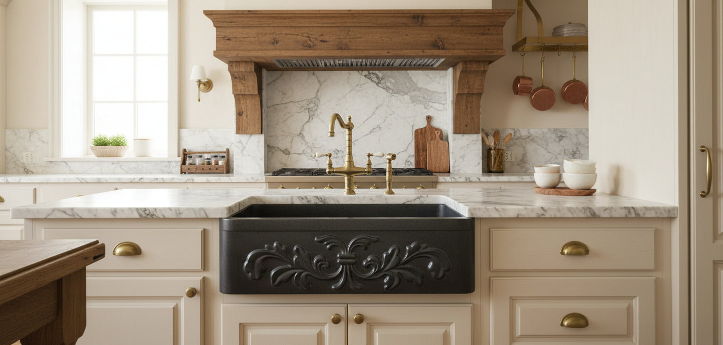 33" Black Granite Farmhouse Sink with Hand-Carved Floral Front | Artisan Stone Sink