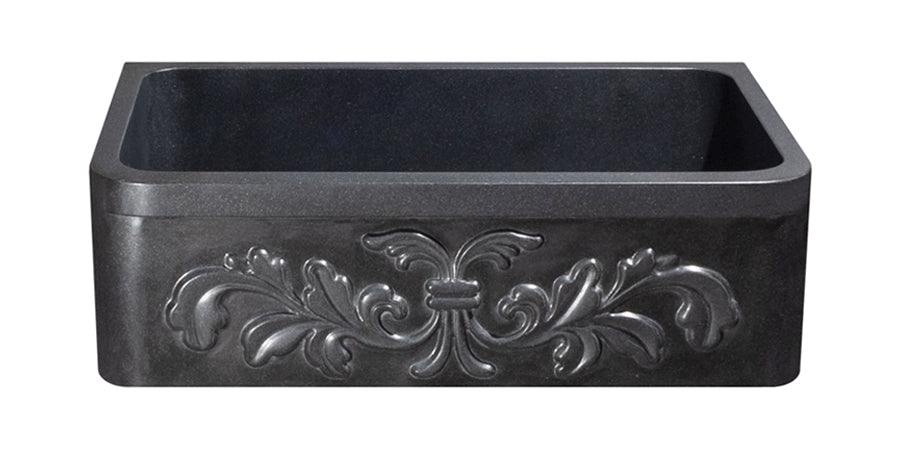 33" Black Granite Farmhouse Sink with Hand-Carved Floral Front | Artisan Stone Sink