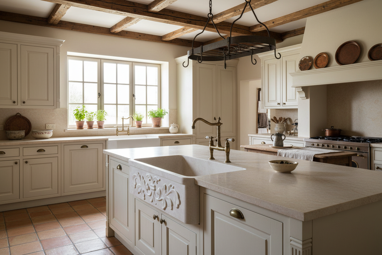 Cantera Beige Marble Farmhouse Sink with Carved Floral Front