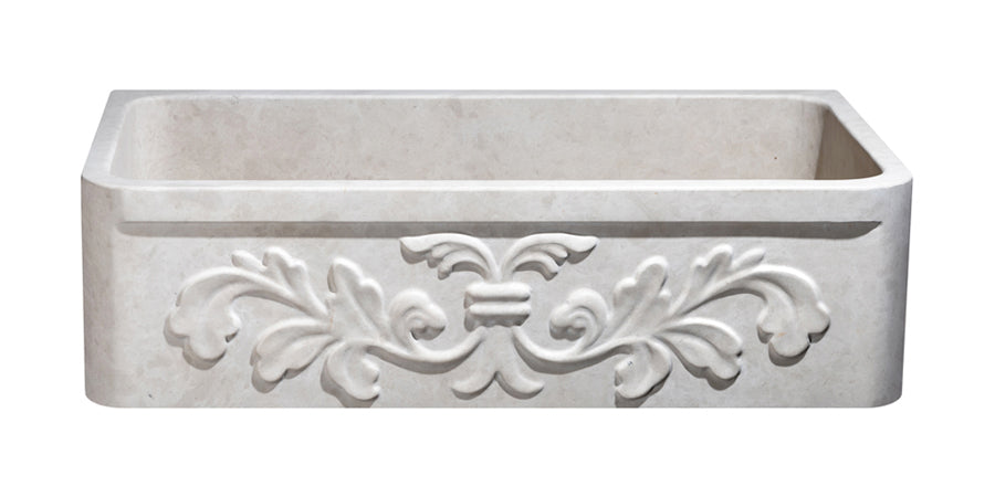 36″ Cantera Beige Marble Farmhouse Sink with Floral Carved Front