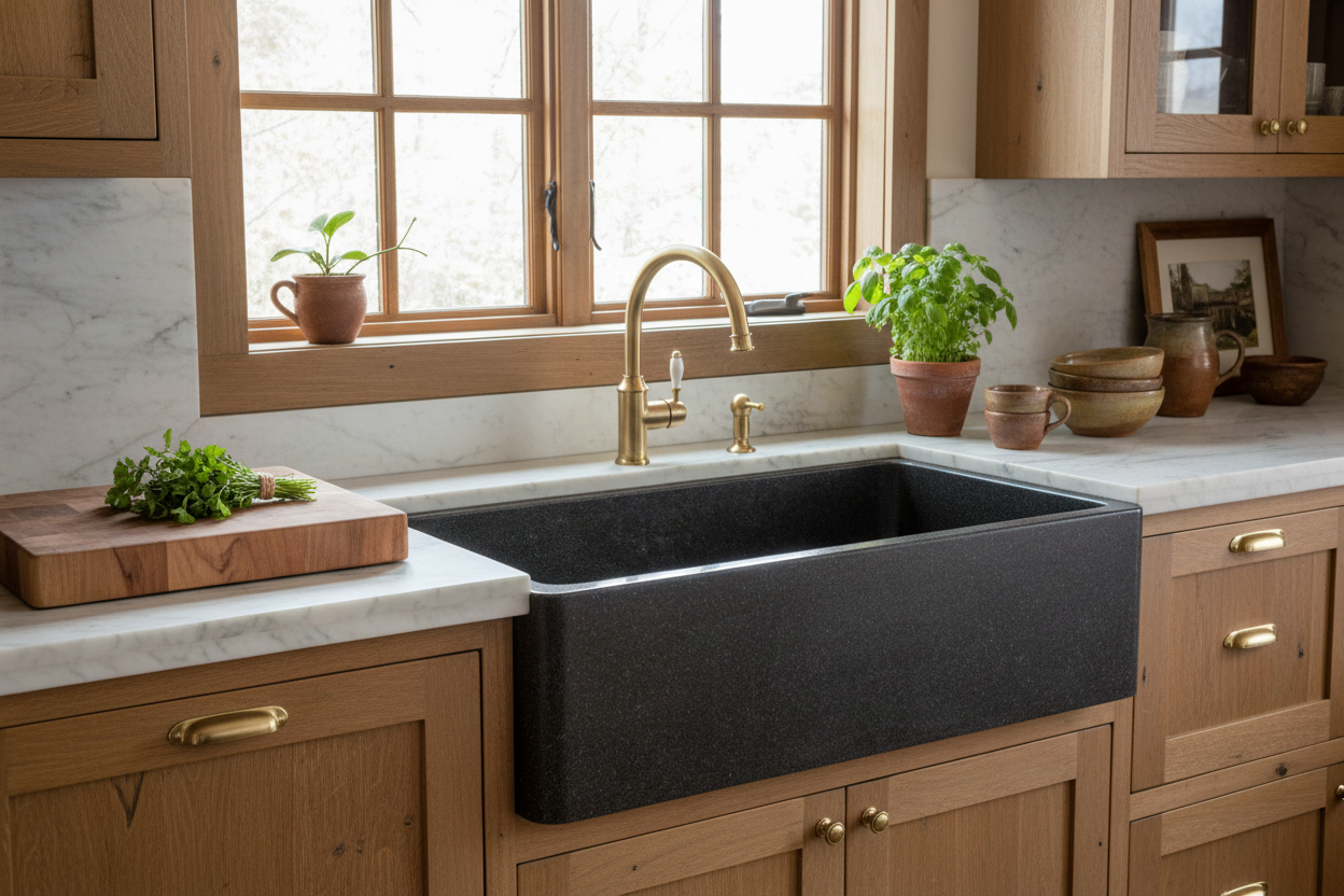 36" Black Honed Granite Single Bowl Farmhouse Sink
