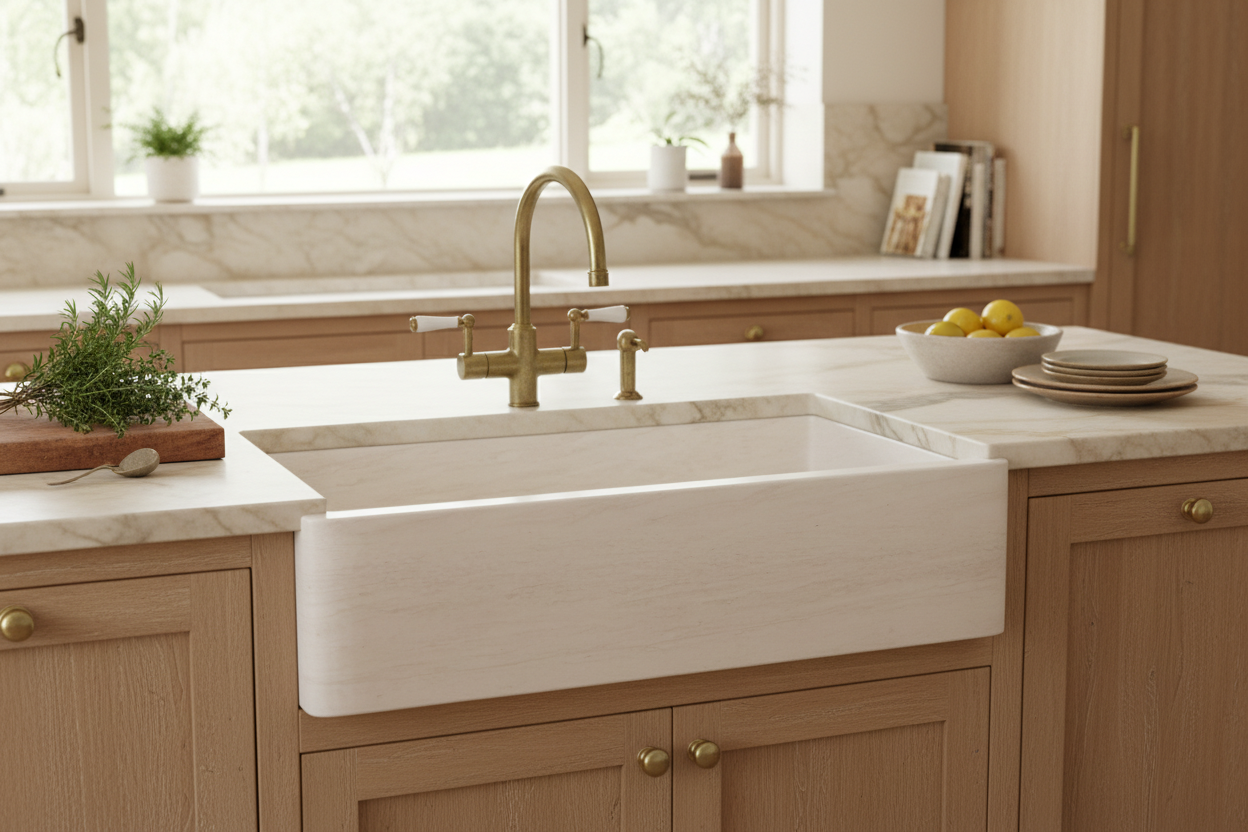 36" Crema Lyon Limestone Farmhouse Sink - Single Bowl French Stone