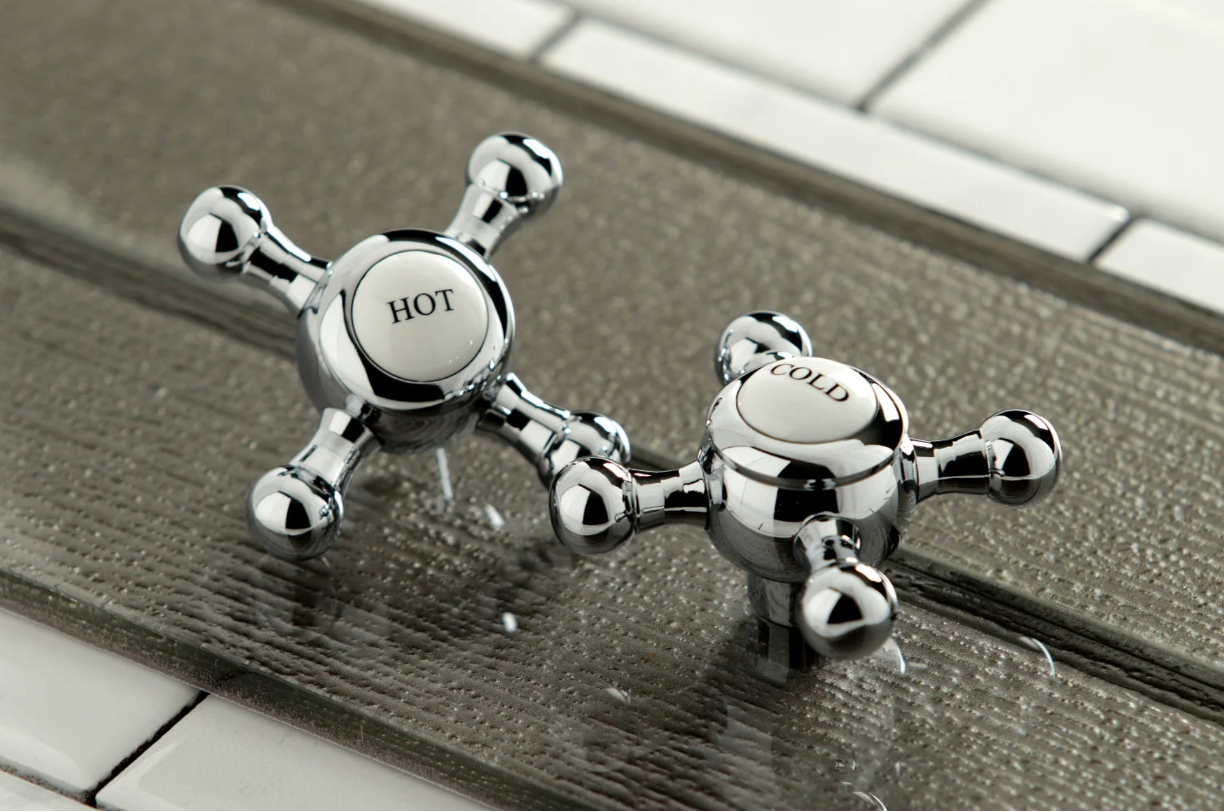 Two Handle Widespread Lavatory Faucet with Pop-Up Drain - Cross Handle & Porcelain Button