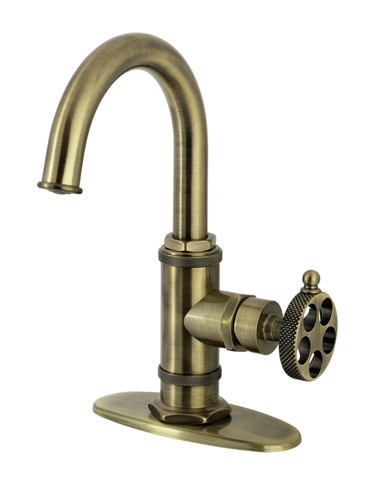 Sona - Webb One-Handle 1-Hole Bathroom Faucet with Knurled Handle, Deck Plate, and Push Pop-Up Drain