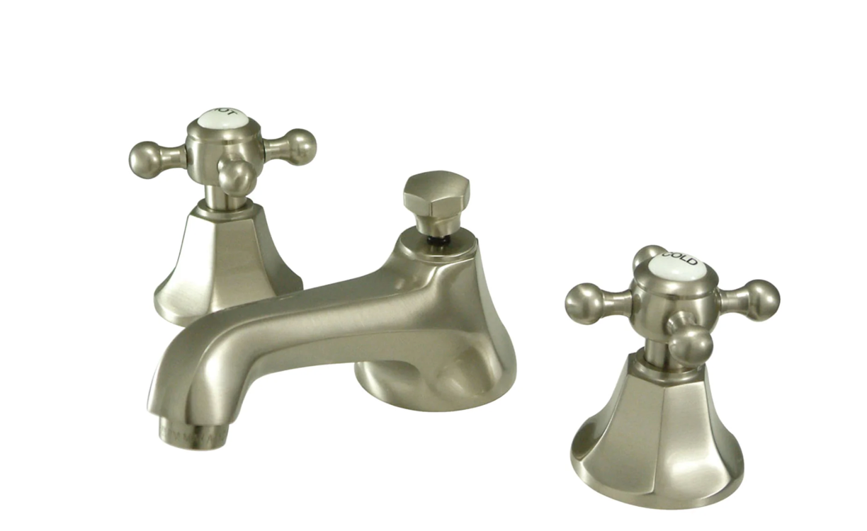 Two Handle Widespread Lavatory Faucet with Pop-Up Drain - Cross Handle & Porcelain Button