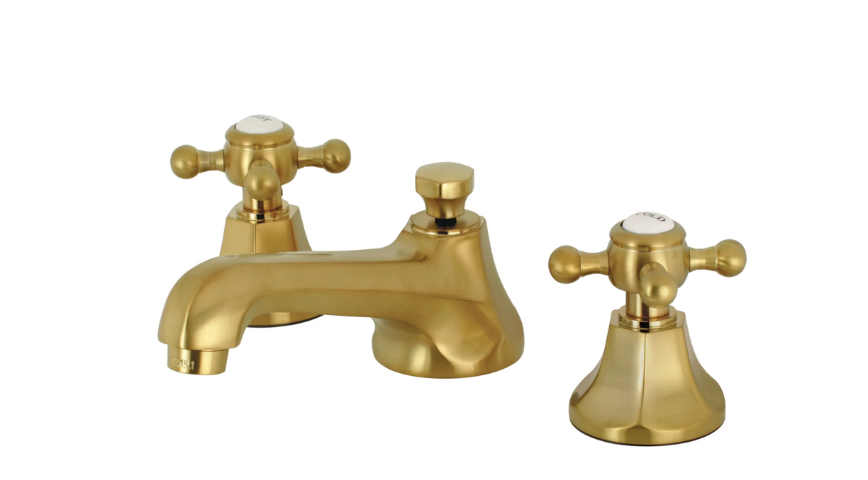 Two Handle Widespread Lavatory Faucet with Pop-Up Drain - Cross Handle & Porcelain Button