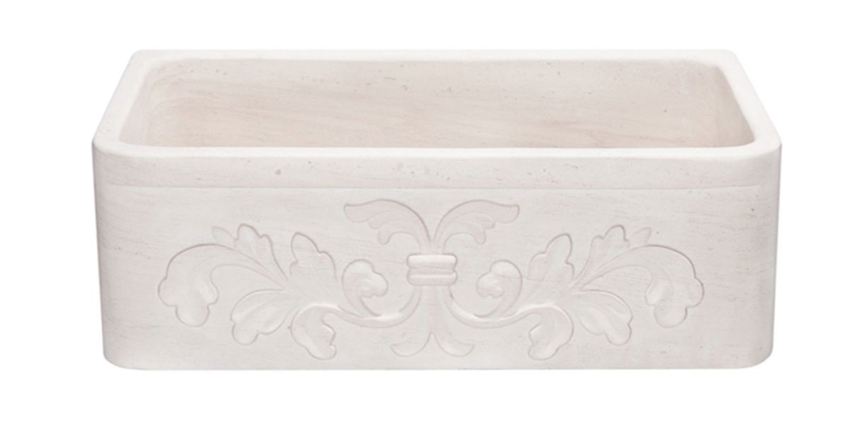 30" Crema Lyon Limestone Floral Carved Farmhouse Sink