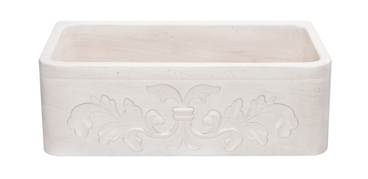30" Crema Lyon Limestone Floral Carved Farmhouse Sink