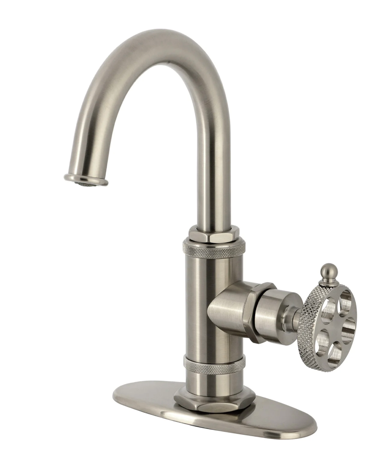 Sona - Webb One-Handle 1-Hole Bathroom Faucet with Knurled Handle, Deck Plate, and Push Pop-Up Drain