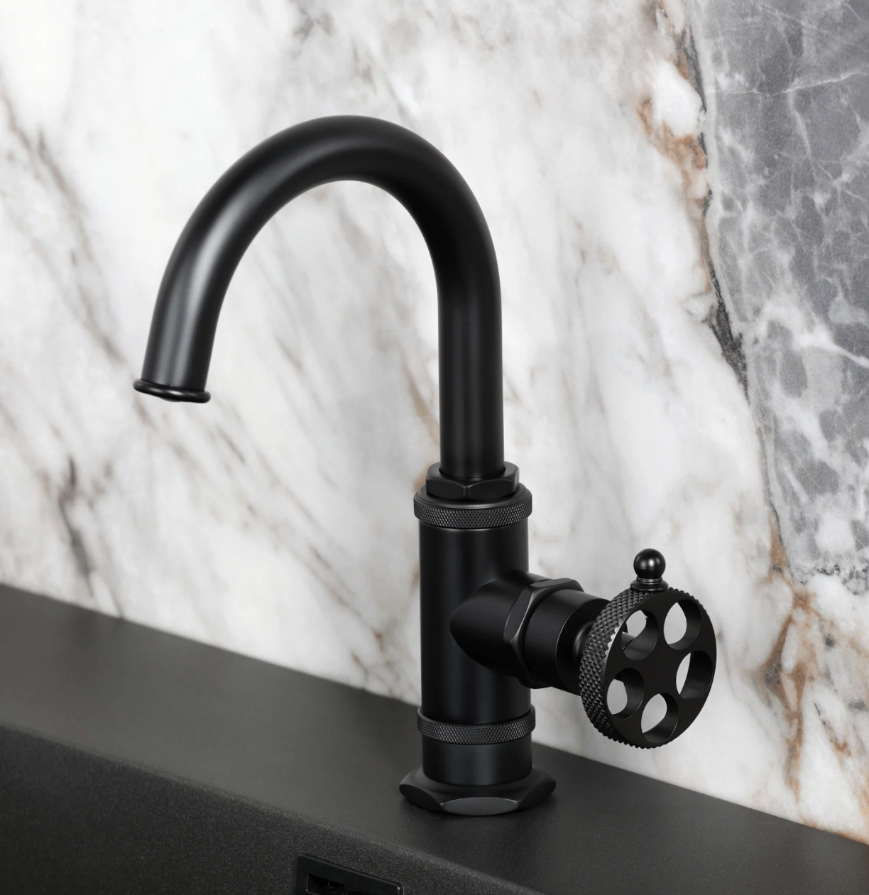 Sona - Webb One-Handle 1-Hole Bathroom Faucet with Knurled Handle, Deck Plate, and Push Pop-Up Drain