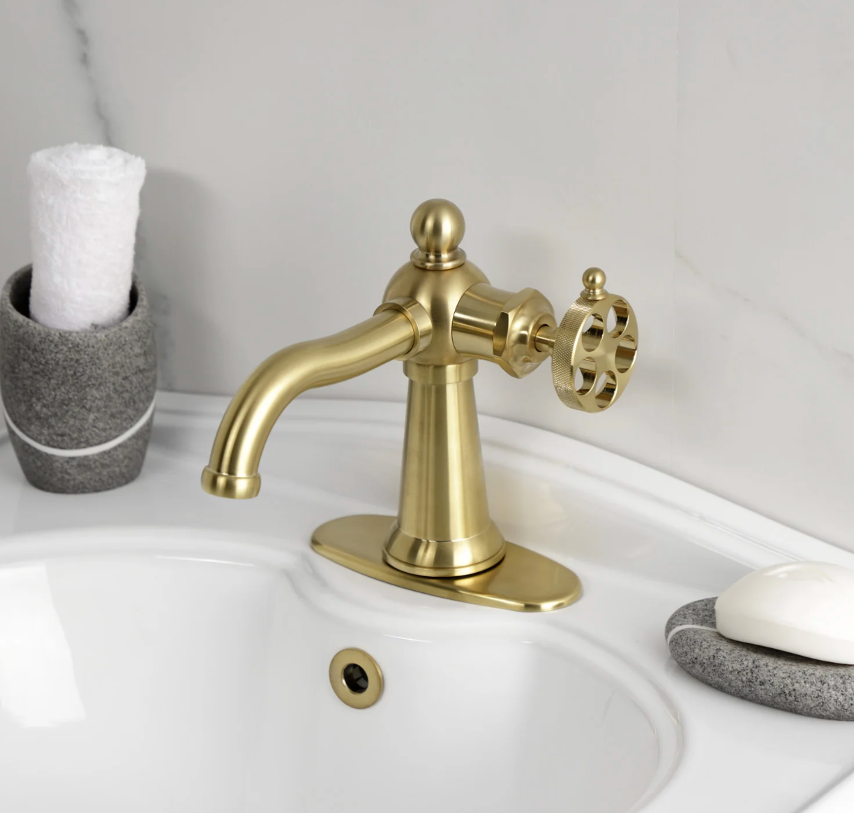 Wendell One-Handle 1-Hole Bathroom Faucet with Knurled Handle and Push Pop-Up Drain