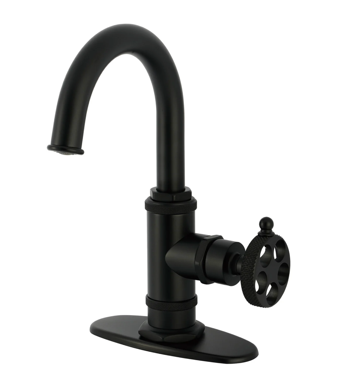 Sona - Webb One-Handle 1-Hole Bathroom Faucet with Knurled Handle, Deck Plate, and Push Pop-Up Drain