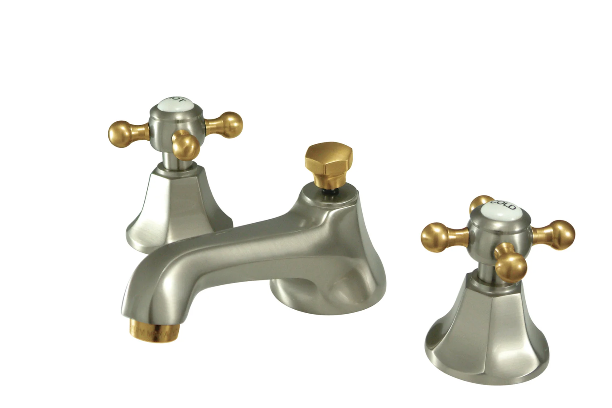 Two Handle Widespread Lavatory Faucet with Pop-Up Drain - Cross Handle & Porcelain Button