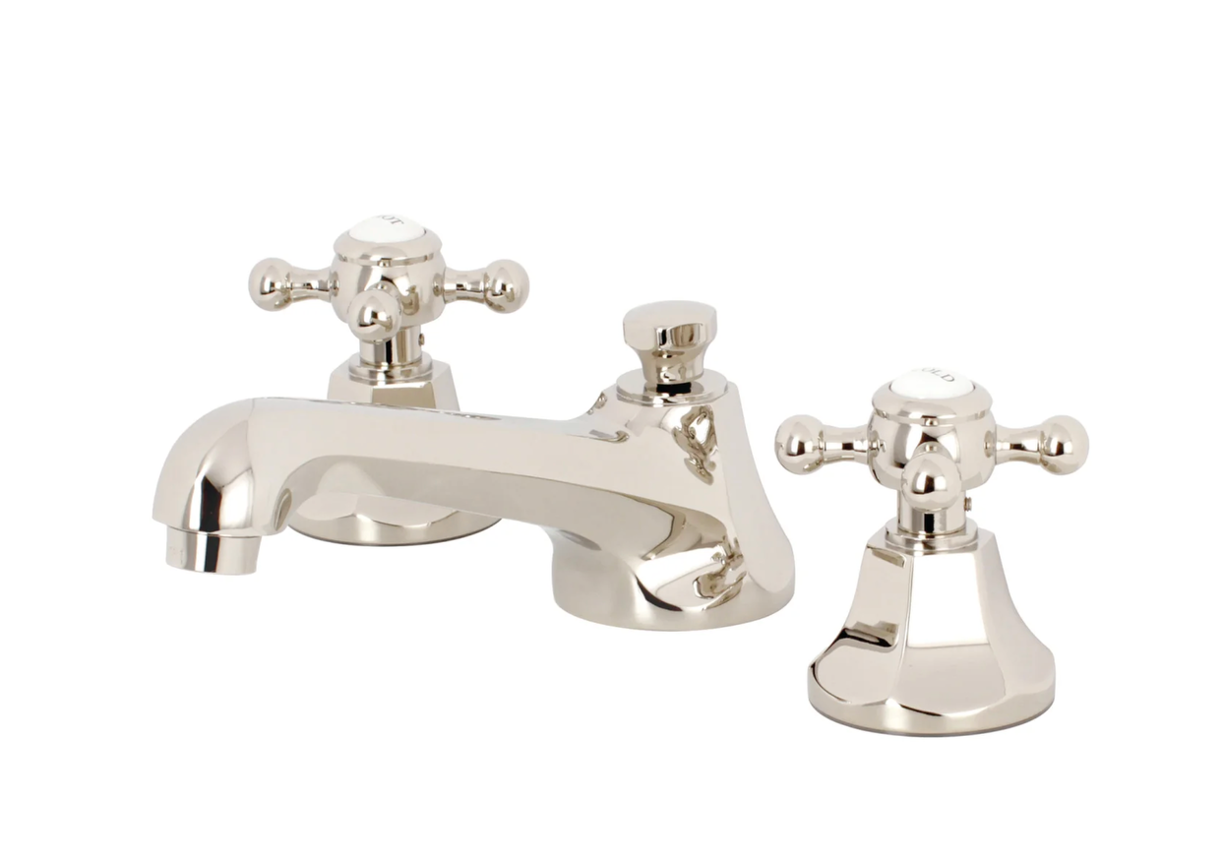 Two Handle Widespread Lavatory Faucet with Pop-Up Drain - Cross Handle & Porcelain Button