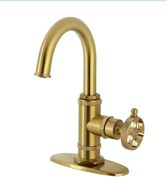 Sona - Webb One-Handle 1-Hole Bathroom Faucet with Knurled Handle, Deck Plate, and Push Pop-Up Drain