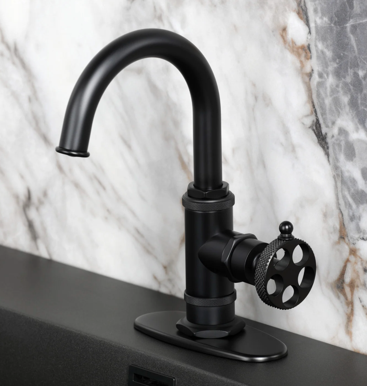 Sona - Webb One-Handle 1-Hole Bathroom Faucet with Knurled Handle, Deck Plate, and Push Pop-Up Drain