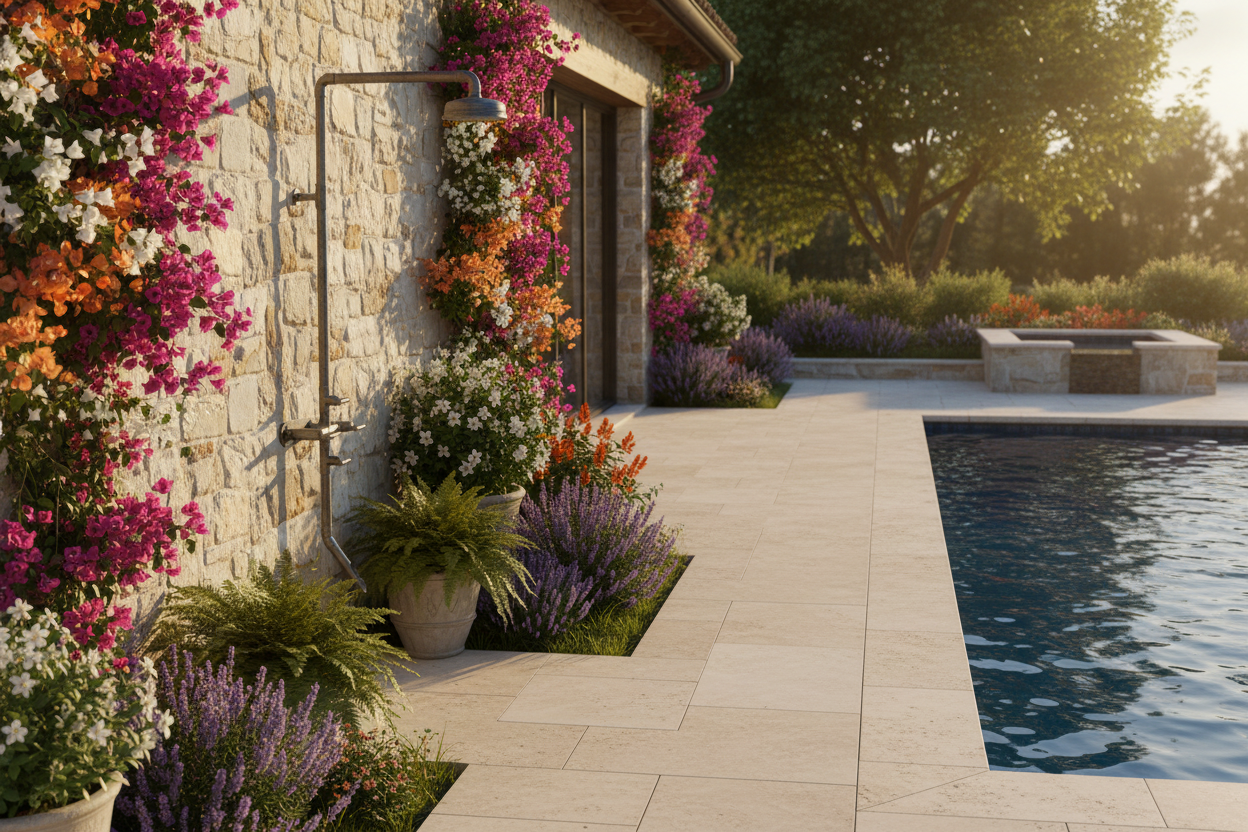 Wall Mount Exposed Shower with Rainhead & Foot Wash | Outdoor Shower System