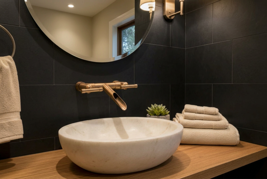 Bathroom photo edited with a white stone sink and large-format black tile walls