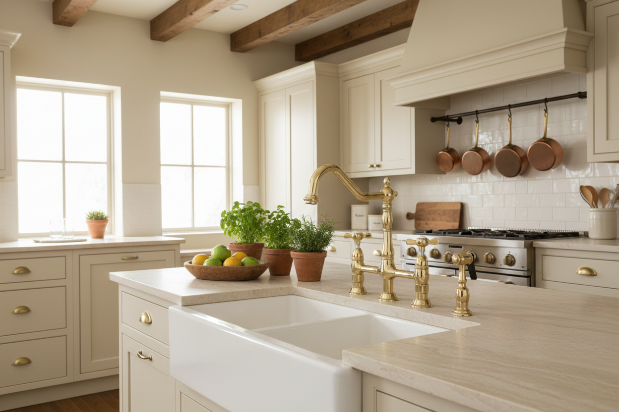 Essex bridge kitchen faucet with cross handles and sprayer in a beautiful French country kitchen with cream cabinetry and marble countertops