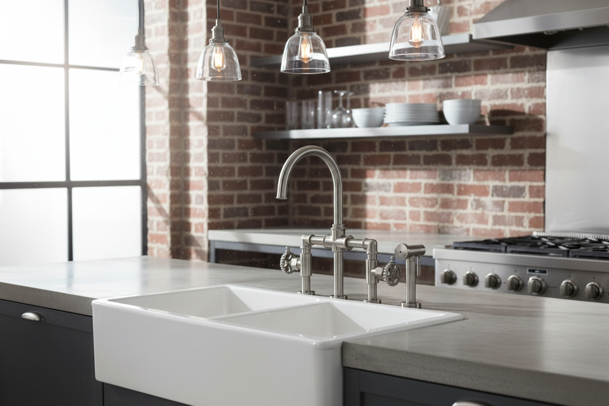 Fuller Industrial Style Bridge Kitchen Faucet with Brass Sprayer