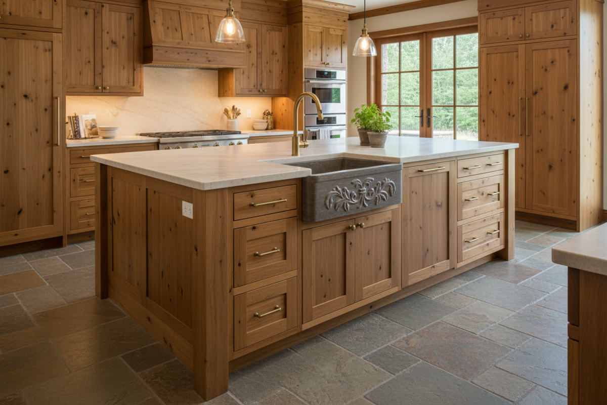 Limestone Farmhouse Sink in Freestanding Island