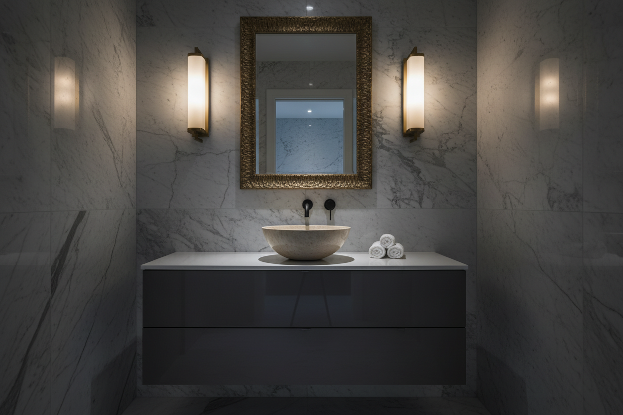 Polished Penny Grey Marble Vessel Sink — Designer Powder Room