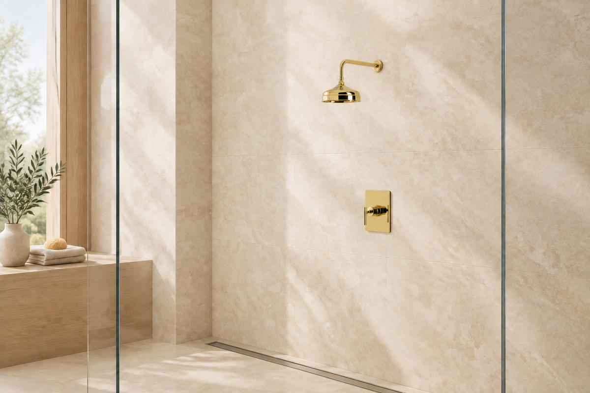 Reproportioned contemporary shower with smaller Polished Brass hardware
