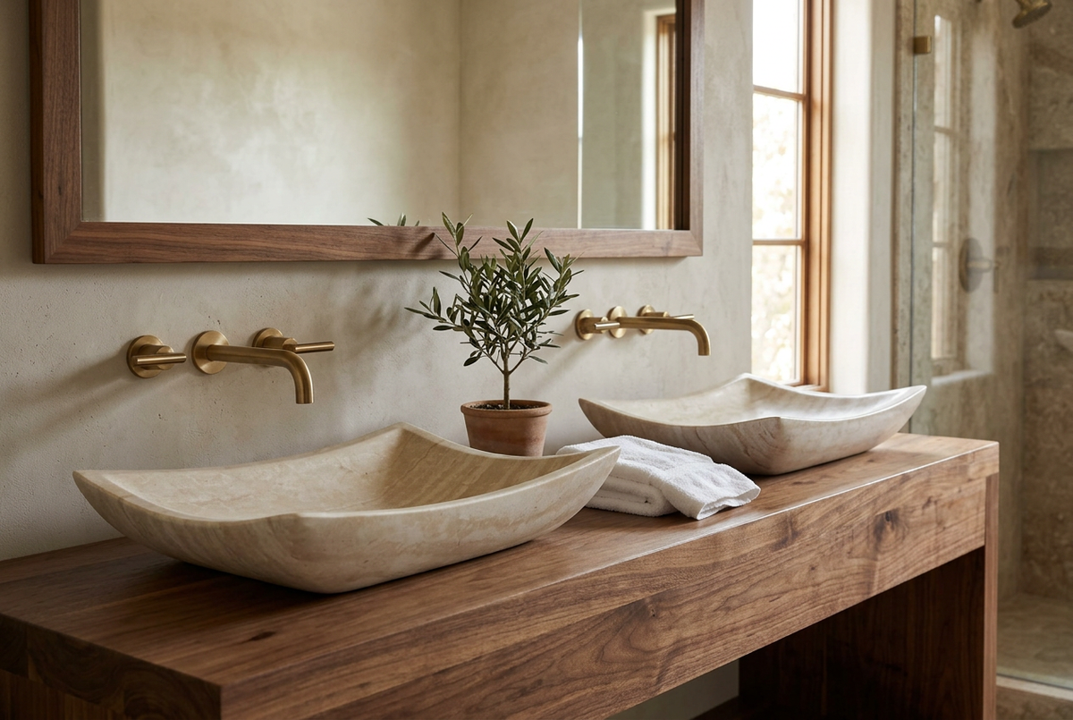 Two white travertine rectangular vessel sinks in a rustic-luxury bathroom double vanity