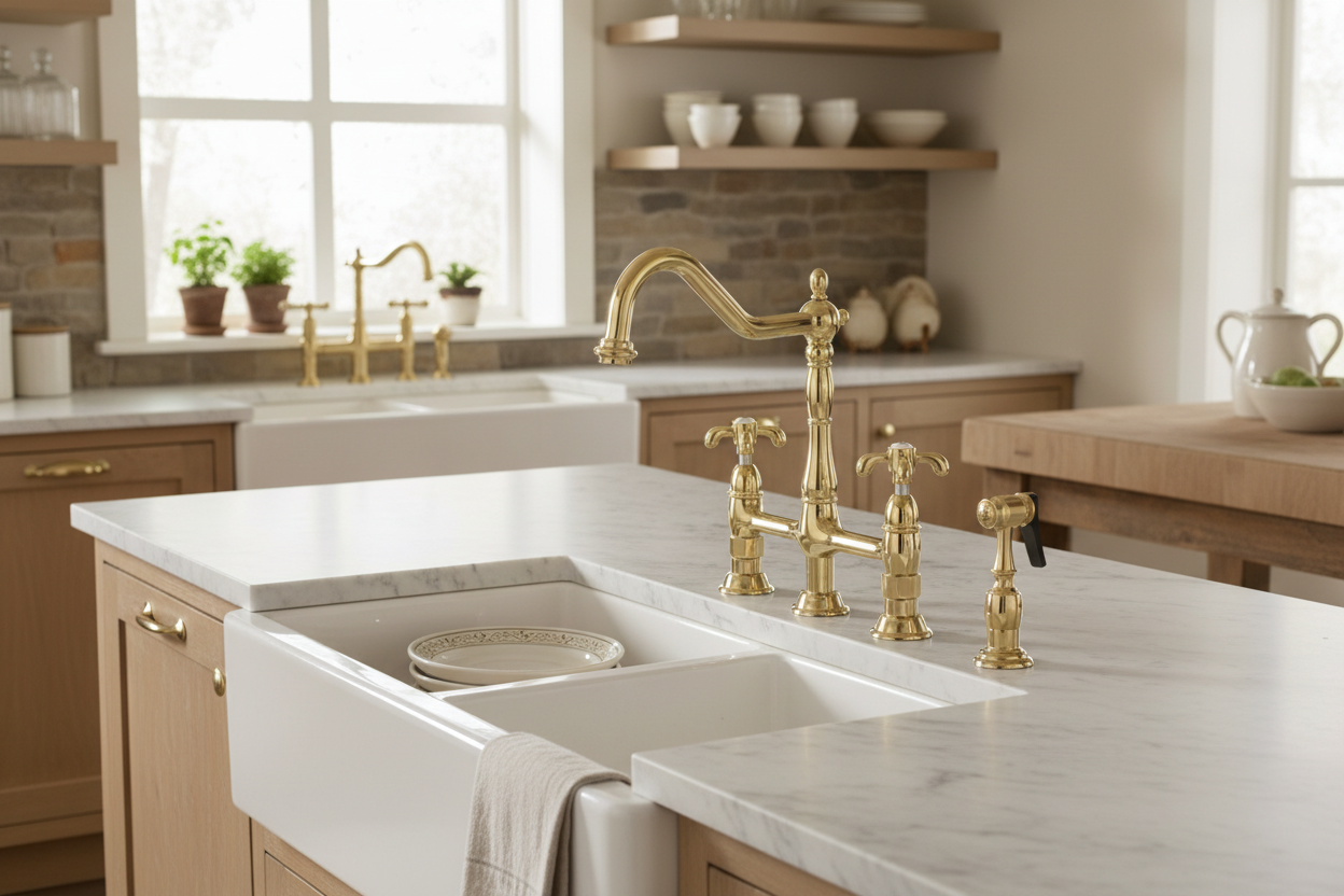 French Country Kitchen Bridge Faucet with Sprayer