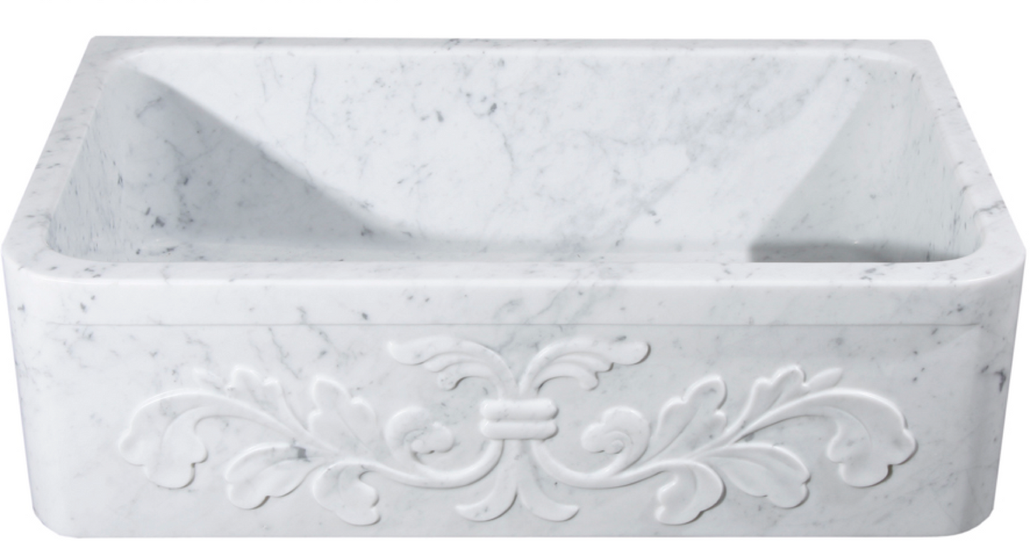 33" White Carrara Marble Floral Front Farmhouse Sink