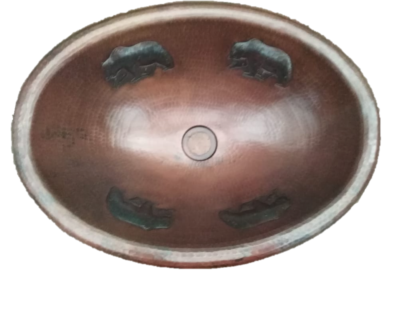 Flat Edge Oval Hammered Copper Sink With Bear Design – Rustic Sinks