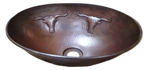 14" Oval Vessel Copper Sink with Longhorns or Horse Heads