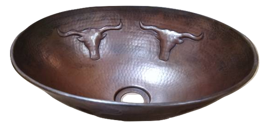 14" Oval Vessel Copper Sink with Longhorns or Horse Heads