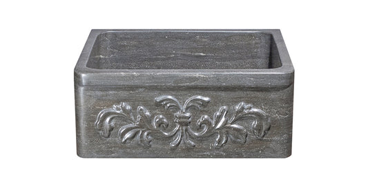 24" Smoke Brown Floral Carved Front Limestone Farmhouse Sink