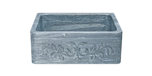24" Farmhouse Charcoal Soapstone Single Bowl Kitchen Sink with Floral Carving Front