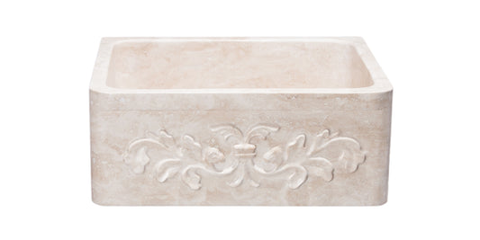 24" Farmhouse Kitchen Sink Floral Carved Front-Roma Travertine