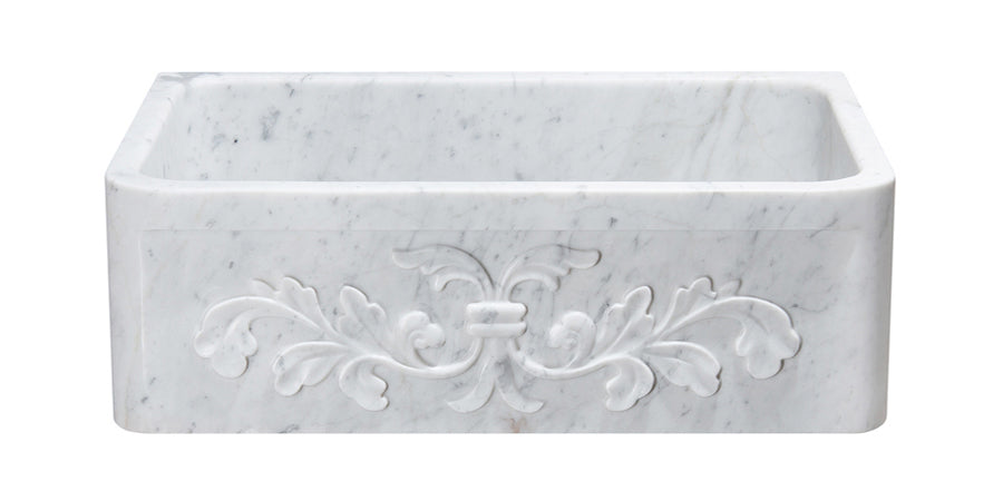 30" White Carrara Marble Floral Apron Farmhouse Sink