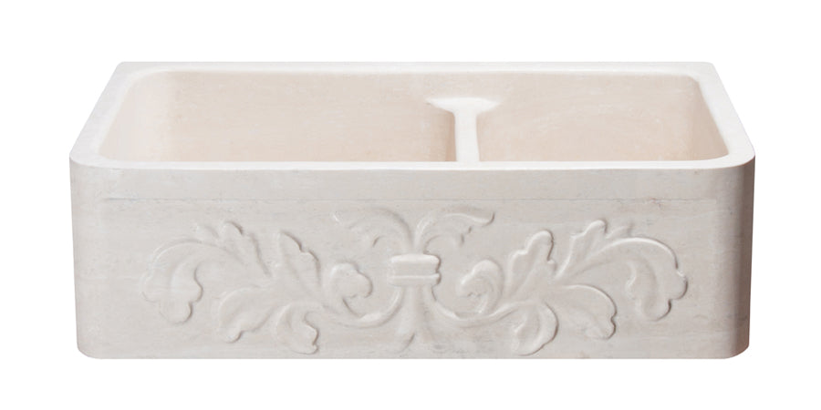 33" Travertine 60/40 Farmhouse Sink with Floral Carved Front